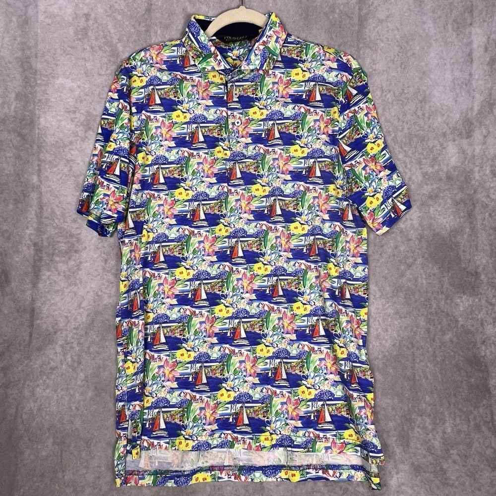 Polo Golf Ralph Lauren Hawaiian Shirt  Sz Medium All Over‎ Sailboat Amalfi Coast